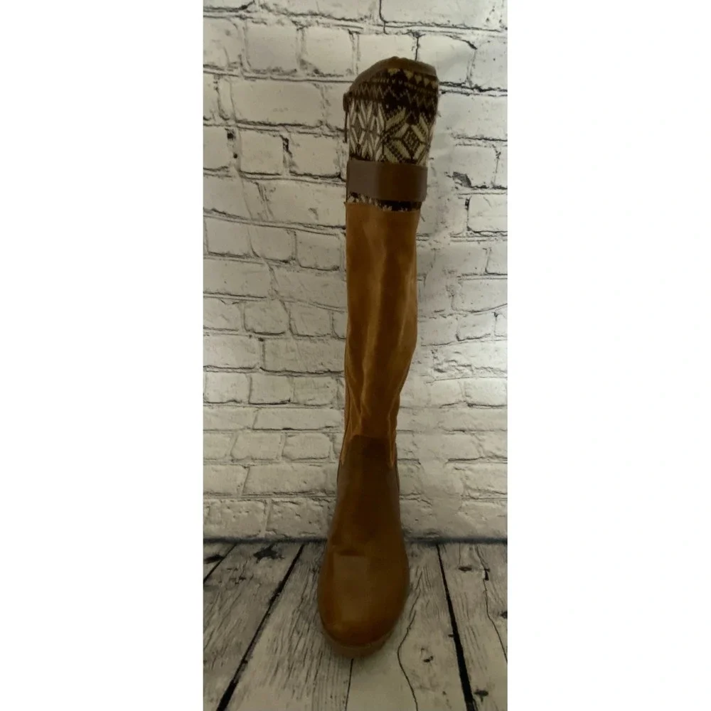 Womens‎ Knee High Boots EU 37 US 6.5 Brown Fair Isle Side Zip Faux Suede Riding